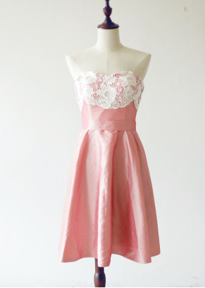 Strapless Ivory Lace Coral Taffeta Short Prom Dress